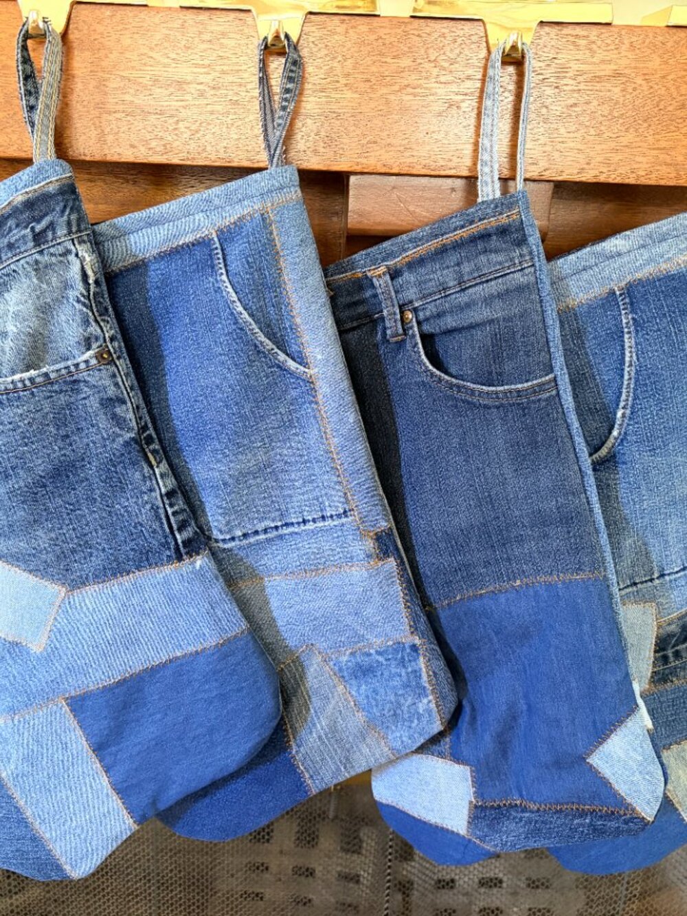 4 Quilted Denim Holiday Stocking with pockets